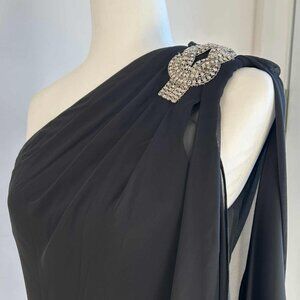 JS Boutique One-Shoulder Black Chiffon Mini with Luxe Crystal Shoulder – US 6